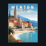 Carte Postale Menton France Travel Art Vintage<br><div class="desc">Conception de déplacement vectoriel Menton rétro. Menton est une ville sur la Côte d'Azur dans le sud-est de la France. Elle est connue pour ses plages et ses jardins comme le jardin de la Serre de la Madone.</div>