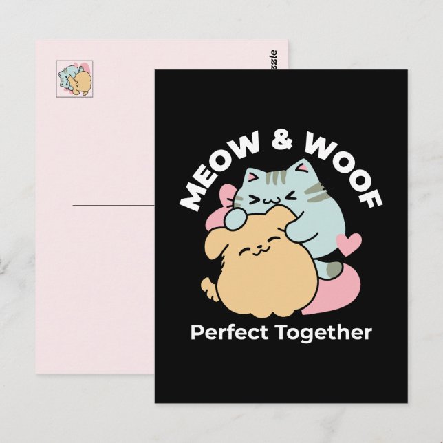 Carte Postale Meow & Woof Perfect Together - Cute Cat and Dog (Devant / Derrière)