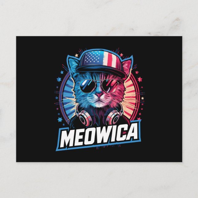 Carte Postale Meowica 4 juillet chat américain Drapeau Amérique  (Devant)