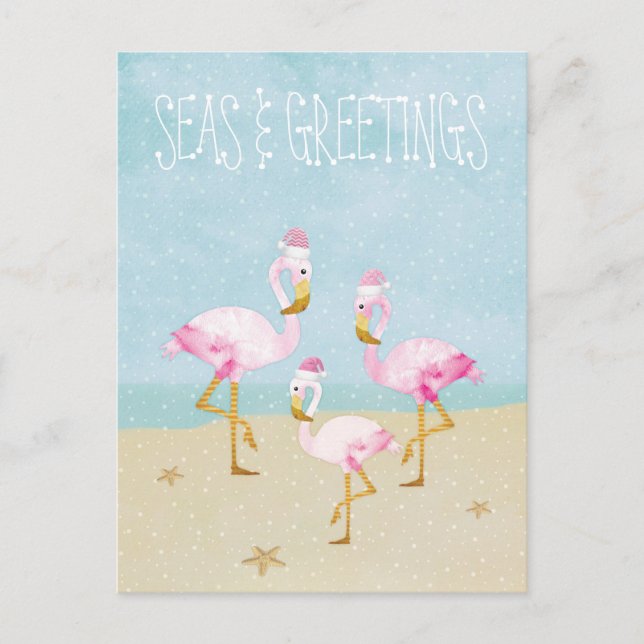 Carte Postale Mer et salutations Aquarelle Flamants roses roses (Devant)