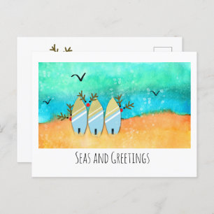 Carte Postale Mer et salutations Plage Noël avec Rudolph