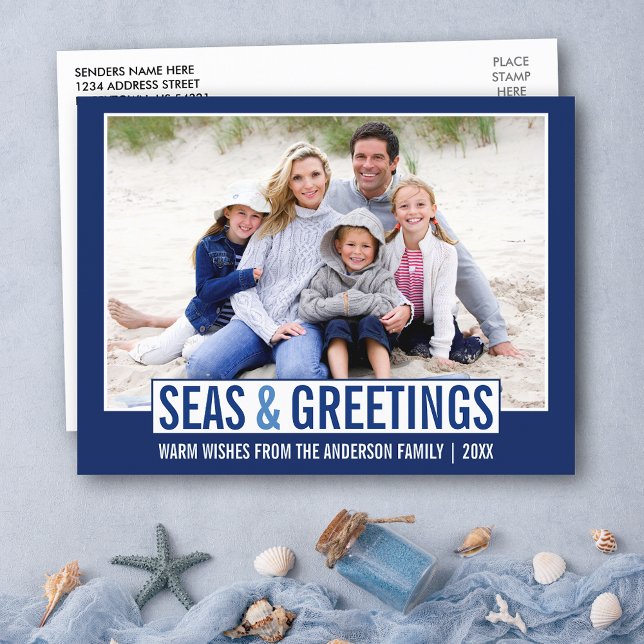 Carte Postale Mer moderne et salutations Famille Photo Bleu (Seas and Greetings Postcard. Personalize with your photo and name.)