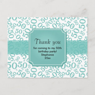 Carte Postale Merci 50 Motif de Nombre Aléatoire Sarcelle/Blanc
