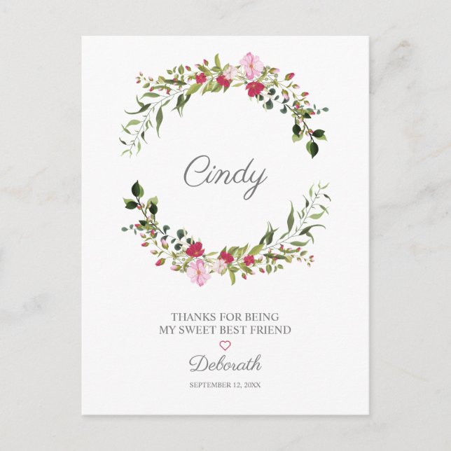Carte Postale Merci à vos Bestamis Floral Wreath en rouge et ros (Devant)