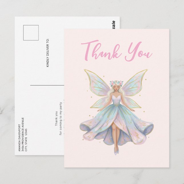 Carte Postale Merci Ange Magique Fée Couleurs Pastel (Devant / Derrière)