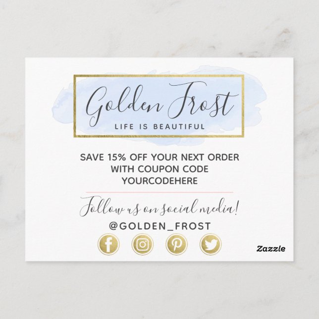 Carte Postale Merci Aquarelle bleu clair et Geo Or moderne (Dos)