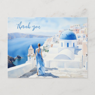 Carte Postale Merci aquarelle, Couleur bleue, Santorin,