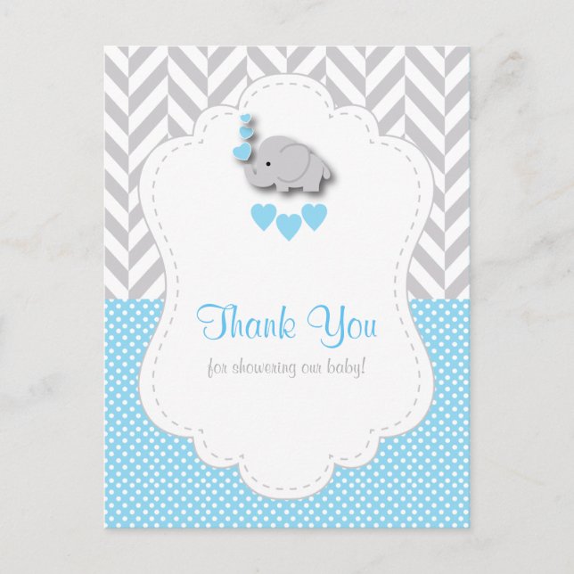 Carte Postale Merci Baby shower bleu, blanc, gris éléphant (Devant)