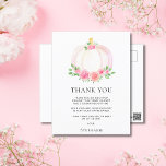 Carte Postale Merci Baby shower de la citrouille Fall Girl<br><div class="desc">Merci à votre famille et à vos amis pour leurs cadeaux bien pensés et pour avoir assisté à la douche de votre bébé avec cette jolie carte postale de remerciement. Elle est décorée d'une belle aquarelle rose citrouille,  rose et verte. Facilement customisé. Aquarelle originale © Michele Davies.</div>