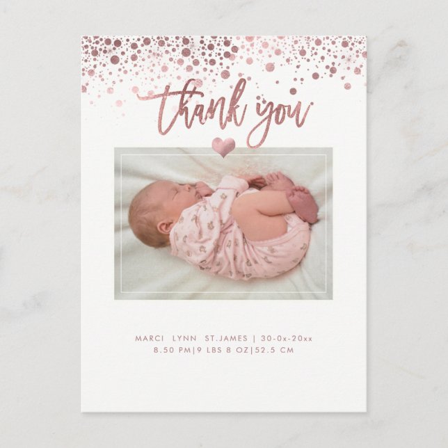Carte Postale Merci baby shower/Faux Rose or éblouis (Devant)