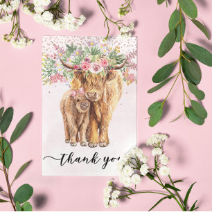 Carte Postale Merci Baby shower Highland Cow Rose