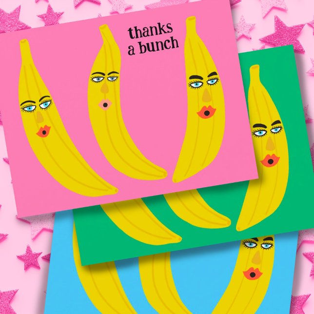 Carte Postale MERCI BEAUCOUP Bananes Drôles Merci Mignon (Thanks a bunch of bananas! Choose your favorite color or add your own background shade!)