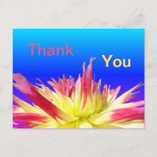 Carte postale MERCI bleu Dahlia rose jaune