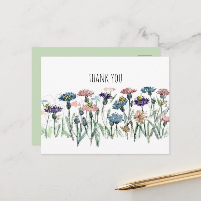 Carte Postale Merci Bleuet Abeilles Fleur de Jardin (Devant/Arrière en situation)