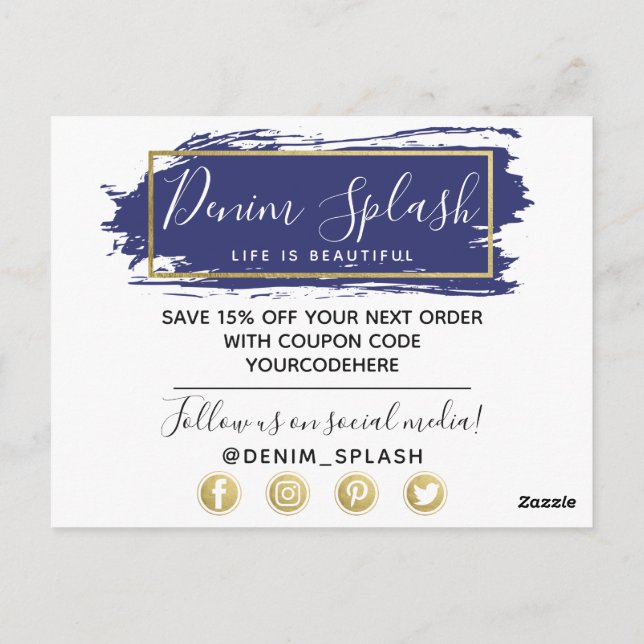 Carte Postale Merci Blue Paint Stroke & Modern Gold Geo (Dos)