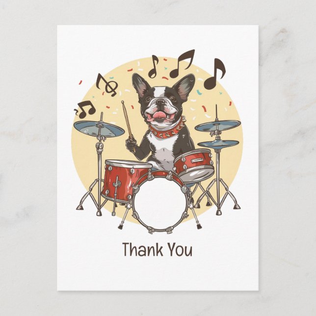 Carte Postale Merci Boston Terrier Chien Jouant de la Batterie (Devant)