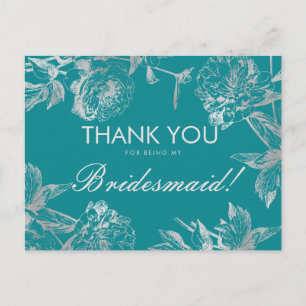 Carte Postale Merci Bridesmaid Silver Turquoise Floral simple