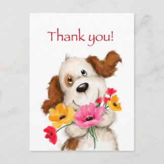 Carte Postale Merci, chien mignon avec des fleurs