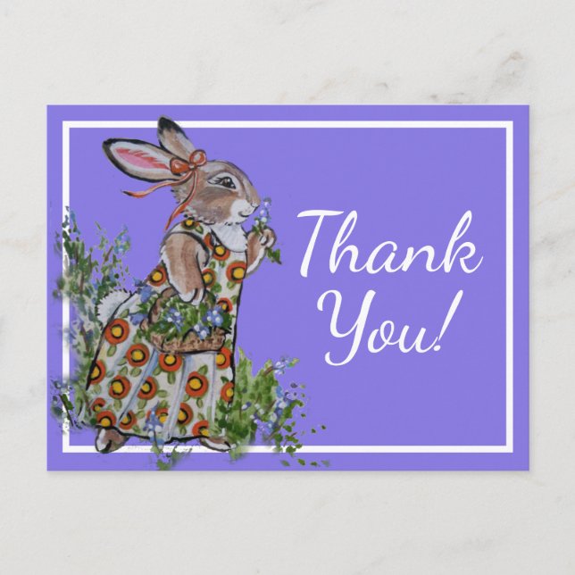 Carte Postale Merci Cute Lapin Lapin Bleu Feminine Floral (Devant)