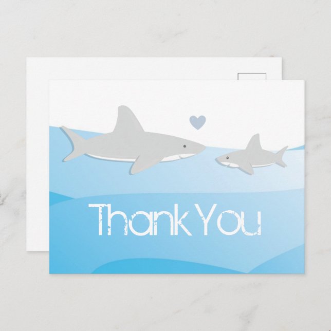 Carte Postale Merci de Baby shower bleu requin (Devant / Derrière)