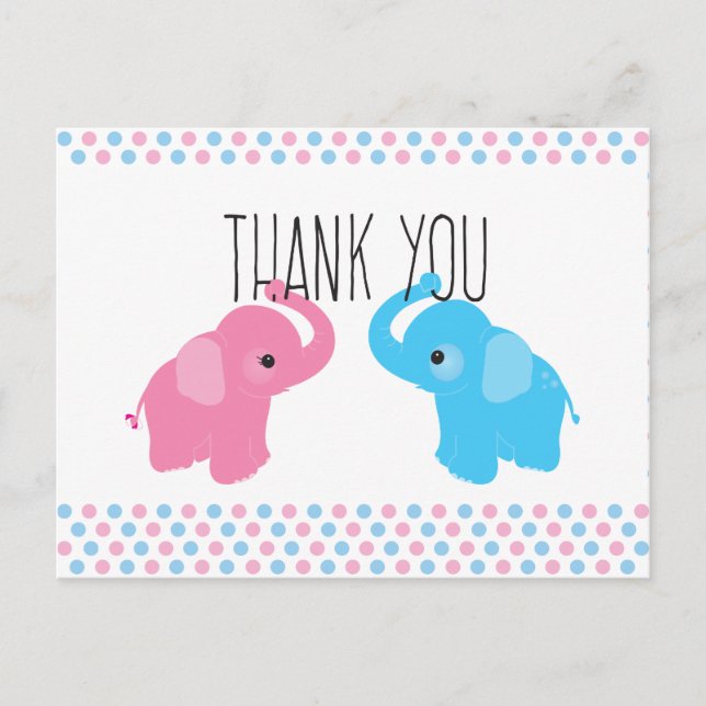Carte Postale Merci de Baby shower Twin Elephant (Devant)