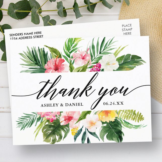Carte Postale Merci de calligraphie de Mariage floral tropical (Customize to change your personalized text size or text style.)