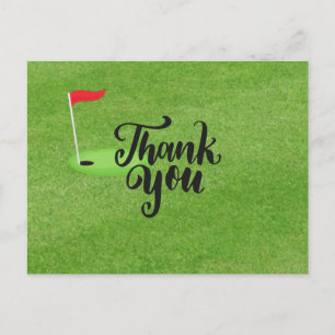 Carte Postale Merci de golf avec texte et drapeau sur herbe vert