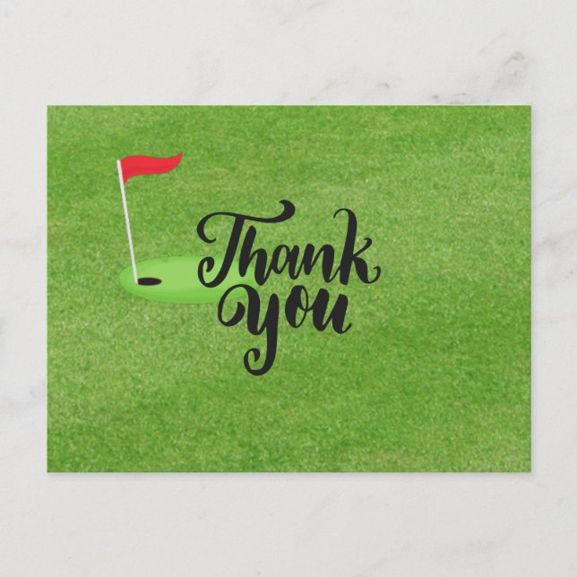 Carte Postale Merci de golf avec texte et drapeau sur herbe vert (Devant)