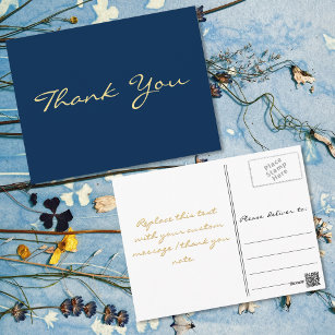 Carte Postale Merci de Graduation bleu Faux Gold Script moderne
