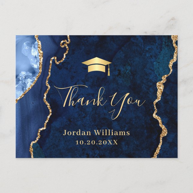 Carte Postale Merci de graduation moderne en marbre bleu or (Devant)