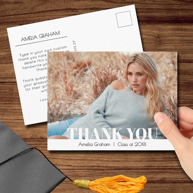 Carte Postale Merci de graduation photo de script moderne (Graduation thank you postcards with your photo on the front and message on the back)