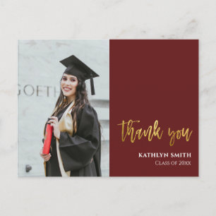 Carte Postale Merci de graduation photo moderne Red Gold Script