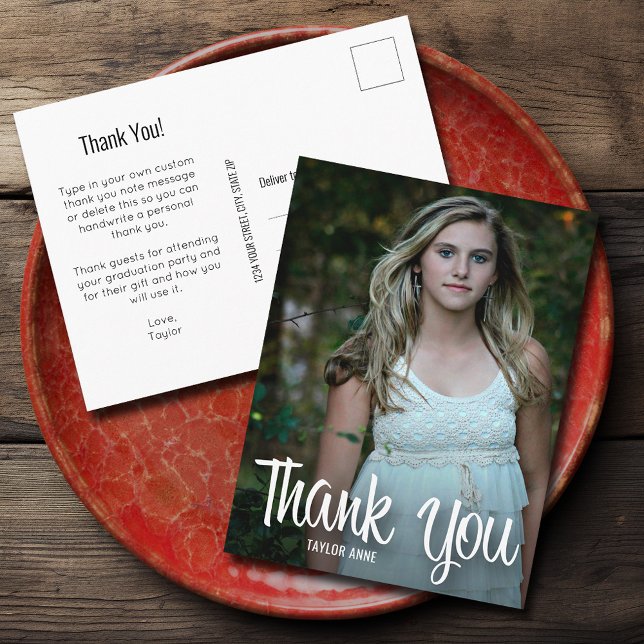 Carte Postale Merci de script blanc tendance (Graduation thank you postcards feature your photo o the front and your message on the back)