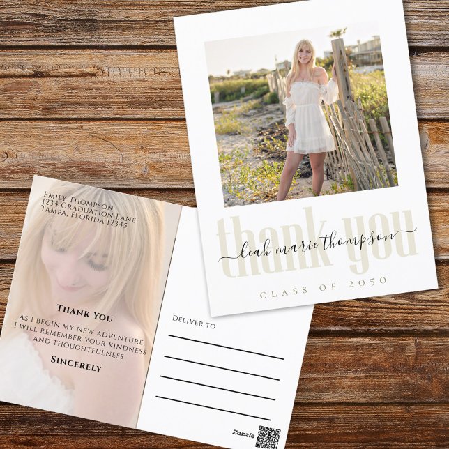 Carte Postale Merci de script photo simple et élégant (Elegant Graduation photo thank you a postcard with a 2 photo template. )