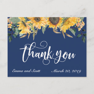 Carte Postale Merci de tournesol bleu marine Mariage Script
