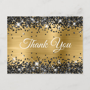 Carte Postale Merci en paillettes noires sur papier alu or