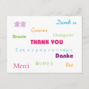 Carte Postale Merci en plusieurs langues rose bleu violet vert