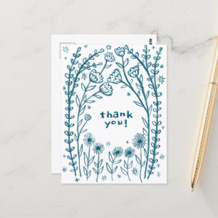 Carte Postale MERCI Fleur Esquisse Fantaisiste Doodle 