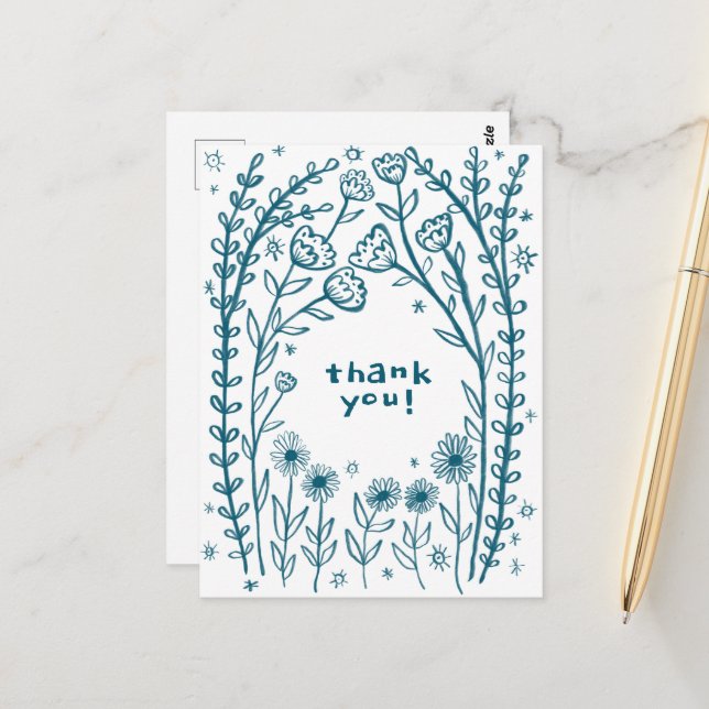 Carte Postale MERCI Fleur Esquisse Fantaisiste Doodle  (Devant/Arrière en situation)