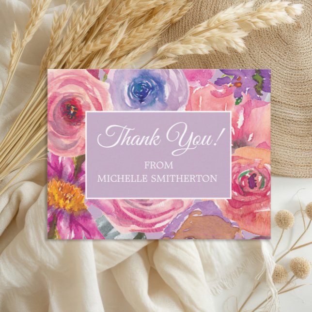Carte Postale Merci Fleur sauvage rose violet (Elegant purple and pink watercolor wildflowers birthday party thank you postcard)