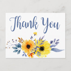Carte Postale Merci Floral Bleu Fleurs Jaunes Aquarelle