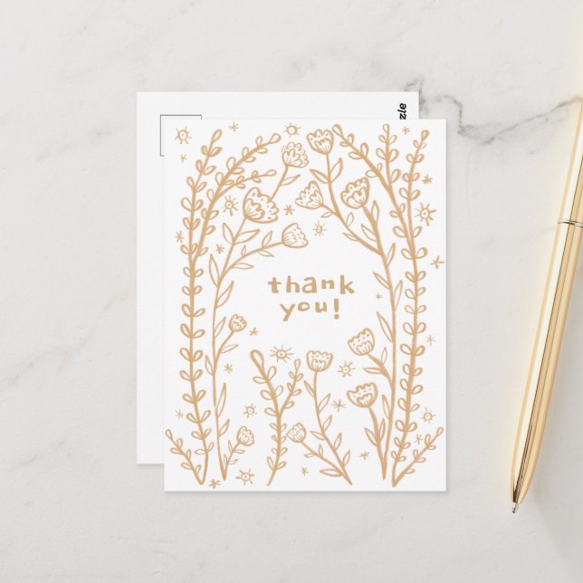 Carte Postale MERCI Floral Whimsical Sketch Doodle (Devant/Arrière en situation)