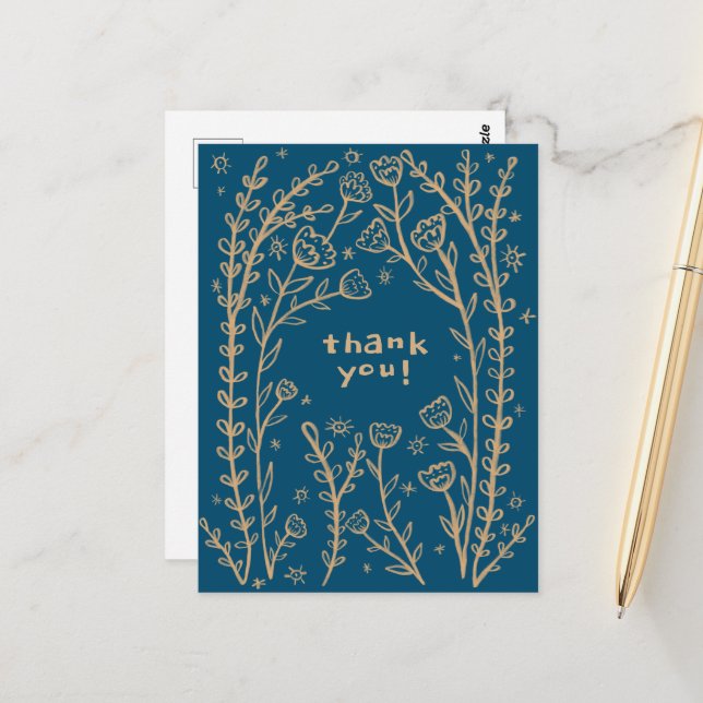 Carte Postale MERCI Floral Whimsical Sketch Doodle (Devant/Arrière en situation)