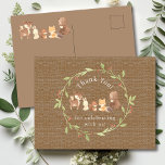 Carte Postale Merci forestier enchanté<br><div class="desc">Présentant notre charmante conception de baby showers animaux de bois, parfait pour célébrer l'arrivée de votre petit. Ce design rustique présente d'adorables animaux boisés, ajoutant une touche de nature à votre événement spécial. Les couleurs chaudes et accueillantes créent une atmosphère chaleureuse, donnant le ton d'une fête mémorable. Que vous soyez...</div>