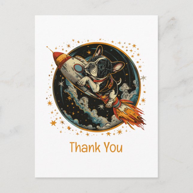Carte Postale Merci Fusée Chien Bouledogue Français Astronaute (Devant)
