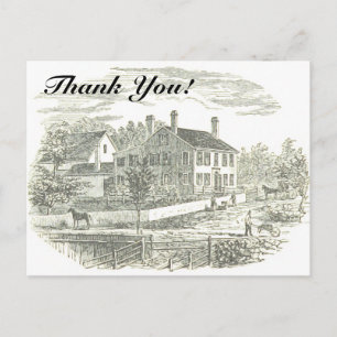 Carte Postale "Merci !" + Illustration de maison et ferme vintag