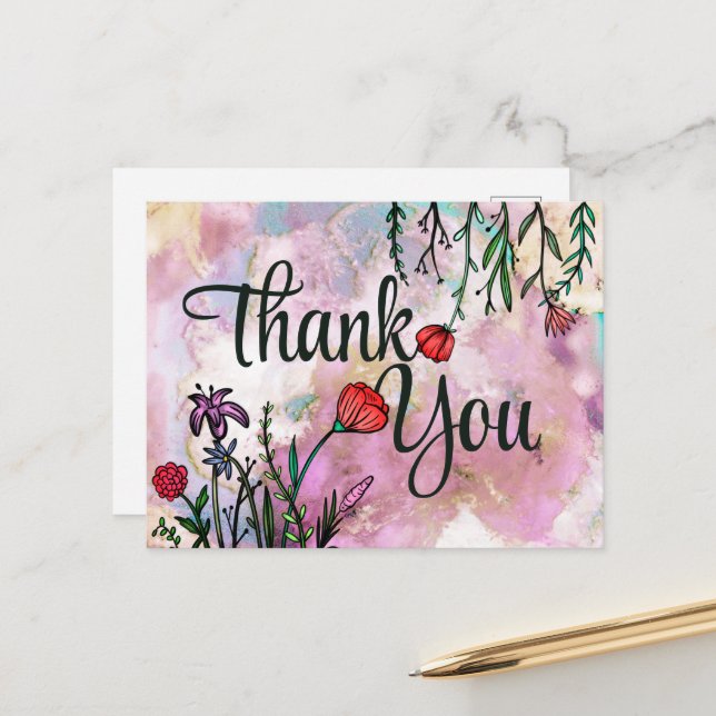 Carte Postale Merci jolie fleur sauvage aquarelle marbrée nuage (Devant/Arrière en situation)