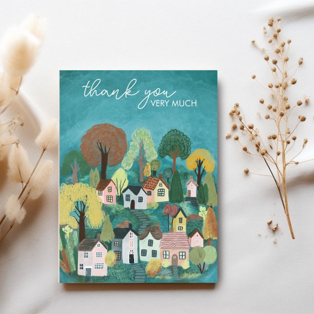 Carte Postale MERCI Jolie illustration de village campagnard (THANK YOU Card Cute Country Village Illustration Postcard
)