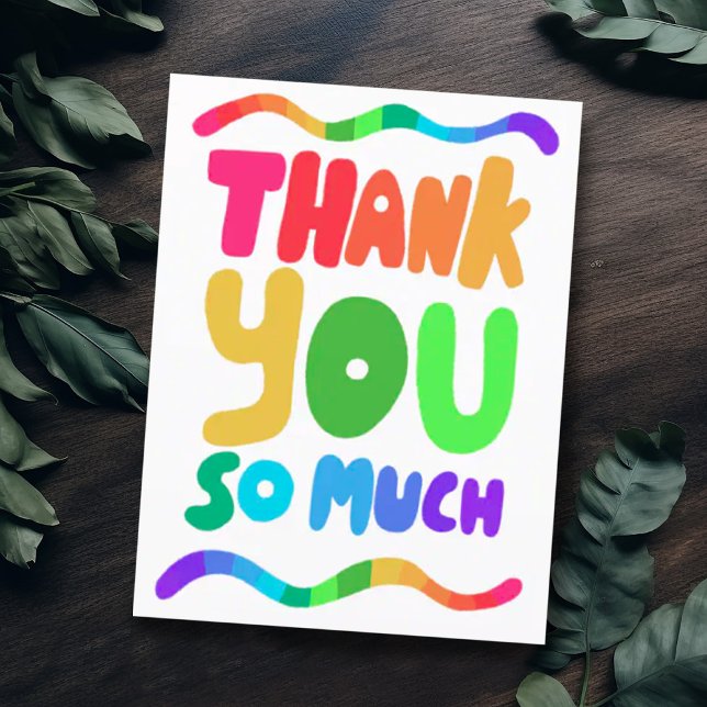Carte Postale MERCI Lettres Bulles Courbes de Couleur Arc-en-cie (Colorful rainbow thank you card with handlettering bubble letters)