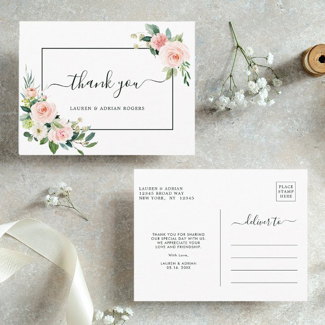 Carte Postale Merci Mariage à fleurs roses (Front & Back)